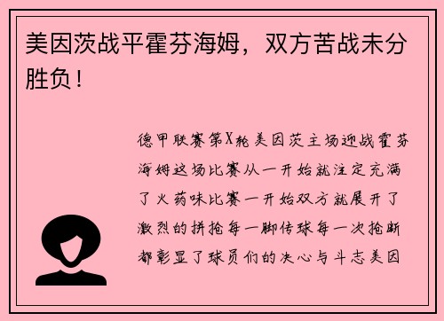 美因茨战平霍芬海姆，双方苦战未分胜负！