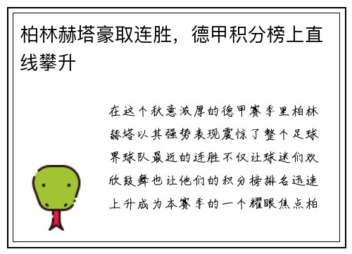 柏林赫塔豪取连胜，德甲积分榜上直线攀升